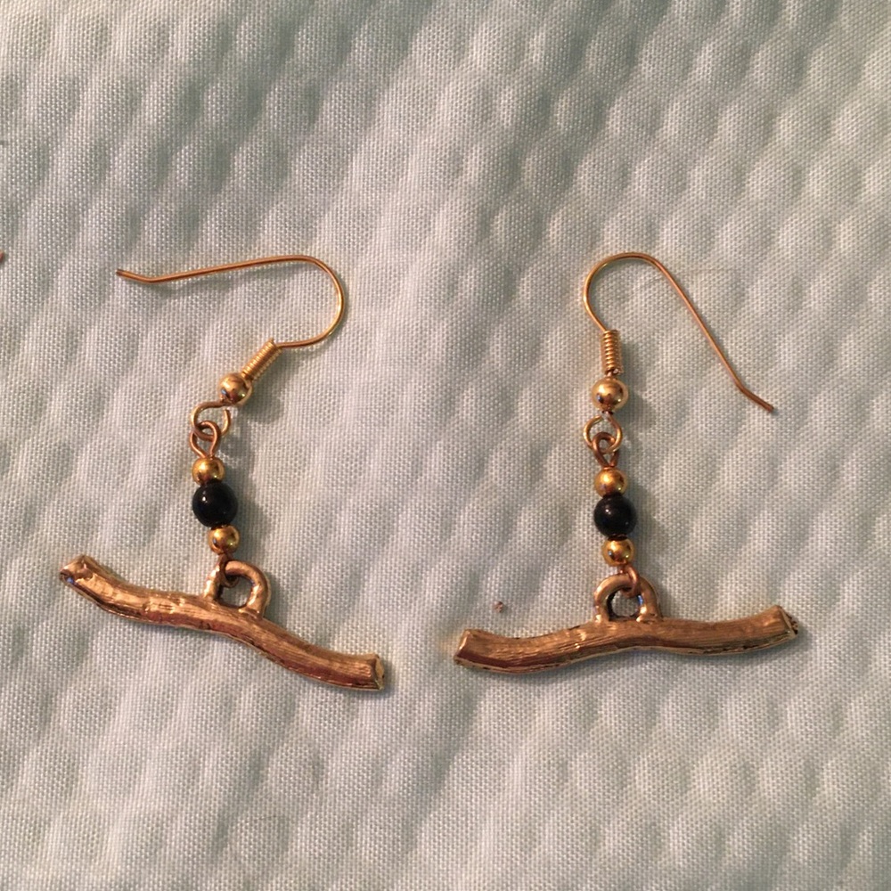 NWT Vintage Brass or Copper Stick Twig w Bead Boho Earrings